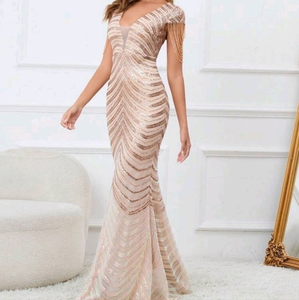 Gold, Chevron Print, Sequined Mermaid Gown, Custom Handmade - Picture 5 of 15